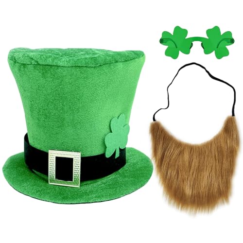 WLBON St. Patrick's Day Top Hat Beard Four Leaf Clover Glasses Eyeglasses Shamrock Cap Headpiece Sunglasses Women Men Green Party Hat for Leprechaun Irish Day Carnival Cosplay Dress Up Party Supplies