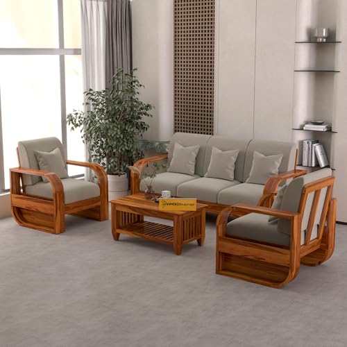Image of Solid Sheesham Wooden 5 Seater Sofa Set Without Coffee Table with Light Taupe Cushion for Living Room Furniture - Honey Finish (3+1+1)