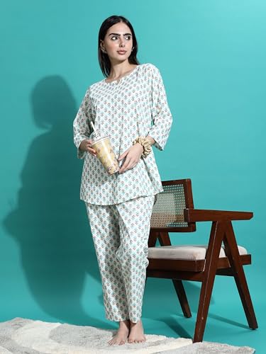 Image of 9shines Label Pure Cotton Printed Women Top & Pyjama Set | Pyjama co-ord Set | Night Suit | Lounge wear for Home | Nightwear Set for Women | Night Dress for Women Stylish (COPJ-5)