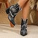 LVOMU Women's Embroidery Denim Western Cowboy Ankle Boots With Side Zipper Fashion Pointed Toe Stack Heel Cowgirl Mid Calf Boots Comfort Walking Dress Booties (black,6,6)