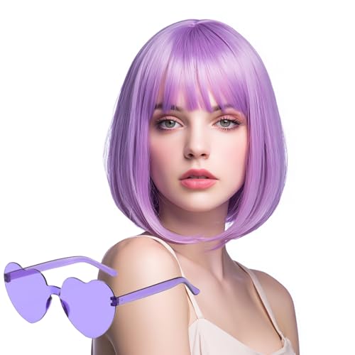 VCAY Bob Wig 12 Inch Short Purple Bob Wig with Bangs Straight Cosplay Wig Heat Resistant Adjustable Straps Wigs for Women Girl with Wig Cap