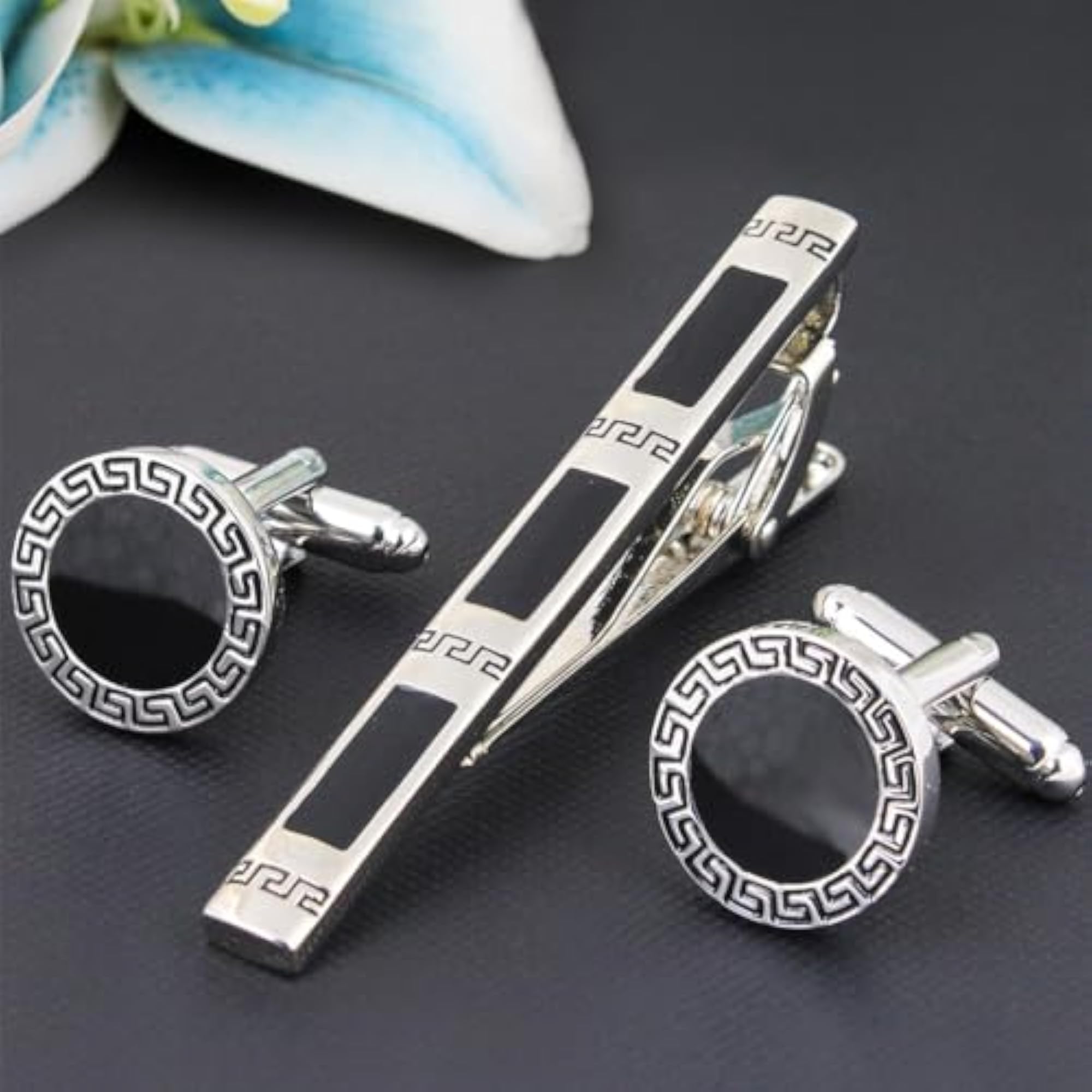 Men's Geek Key Silver Brass and Enamel Cufflink and Tiebar Set
