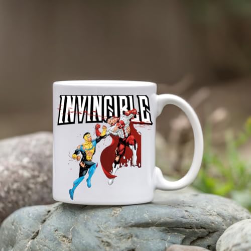 Image of Invincible Comic Book Battle Scene, Omniman Ceramic Coffee Mug, White, Superhero Action Design, Collectible Drinkware
