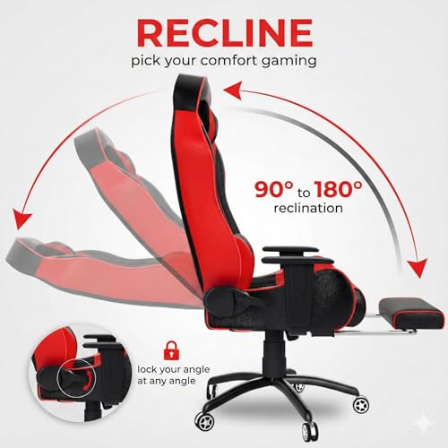 Image of ASE GAMING Gold Series Ergonomic Gaming Chair with Footrest Premium PU Leather, Adjustable Neck & Lumbar Pillow, 180 Degree Recline with Black Metal Base with 3 Years Warranty(Multi)