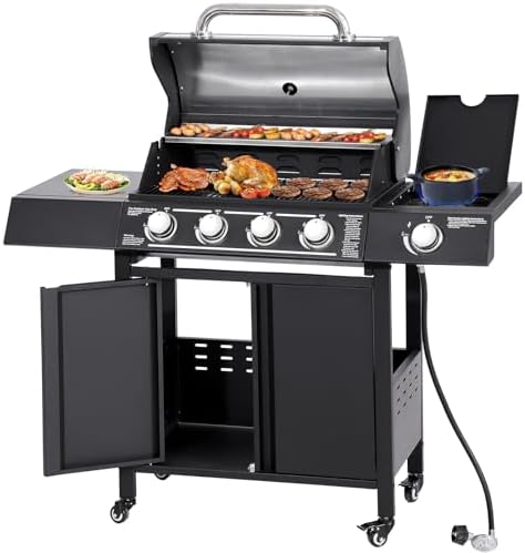 GIODIR 4-Burners Propane Gas Grill with Side Burner, 50,000 BTU Outdoor BBQ Grill, Cast Iron Cooking Grate with Wheels for Outdoor Patio Garden