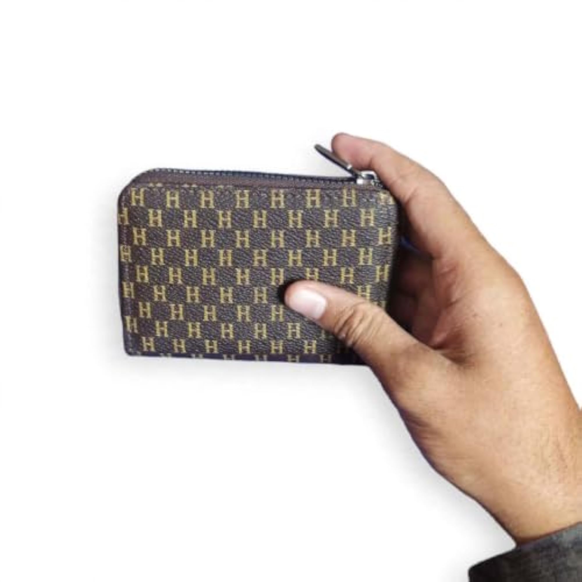 Monogram Print Zip-Around Coin Purse Wallet, Brown