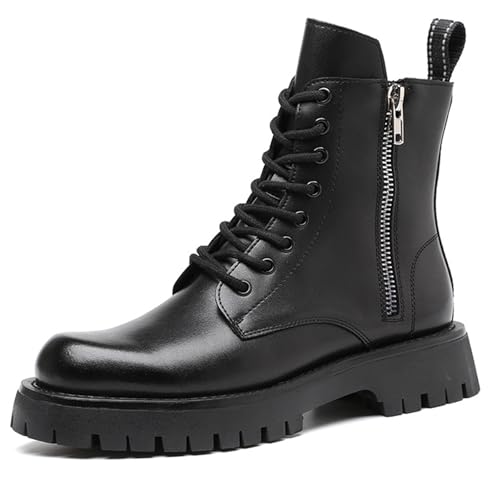 Men's Black Leather Platform Lace-up Combat Boots Retro Round Toe Side Zip Chunky Heel Non-Slip Lug Sole High Top Motorcycle Boots