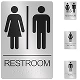Unisex Bathroom Signs, Restroom Sign For Business - For Men and Women - 9' by 6' - ADA Compliant with Braille - Strong Double-Sided Adhesives Included - Apply to Office, Home, Public Door/Wall