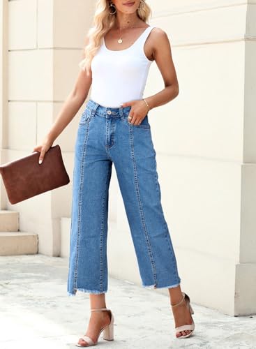 Image of Sidefeel Women's Jeans High Waisted Wide Leg Loose Fit Straight Leg Zimbaplatinum Cropped Denim Pants