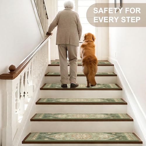 Non Slip Stair Treads for Wooden Steps Indoor, Light Green, 15pcs, 30"X8", Soft Carpet Mat, Machine Washable Boho Carpet Treads with Reusable Adhesive Backing, Safety Stair Tread for Dog, Kid, Elder by IM HOME - Used condition - Image 3