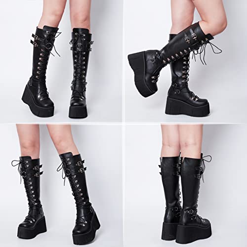 Aminugal Womens Platform Knee High Boots Chunky Heel Zipper Round Toe Fashion Motorcycle Punk Goth Boots Combat Boots For Women #TOP2