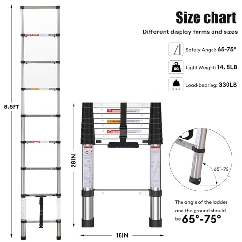 Telescoping Ladder, 8.5FT One Button Retraction Stainless Steel Telescopic Ladder with Non-Slip Feet, Slow Down Design Multi-Purpose Compact Collapsible Extension Ladder for Homeuse RV Attic