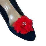 Red Detachable Chiffon and Rhinestone Flower Shoe Clips Set of 2