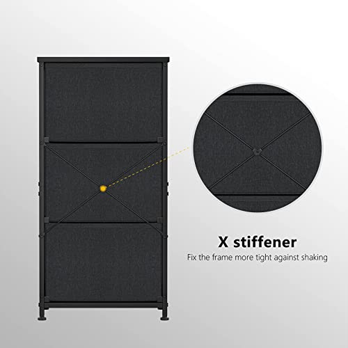 Fezibo 3 Drawer Fabric Dresser Storage Tower, Organizer Unit For Bedroom, Closet, Entryway, Hallway, Nursery Room -Steel Frame, Wood Top, Easy Pull Handle-Black Grey #TOP6