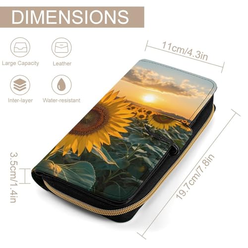 Sunset Over Sunflower Field PU Leather Womens Wallet Large Capacity Zippered Bifold Purse with 12 Card Slot Coin Case2