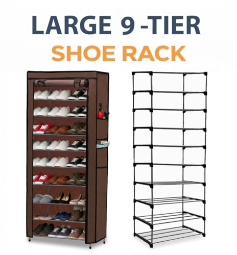 Image of Metal Shoe Stand with Cover, 9 Tier Shoe Organizer for Home & Office - Brown