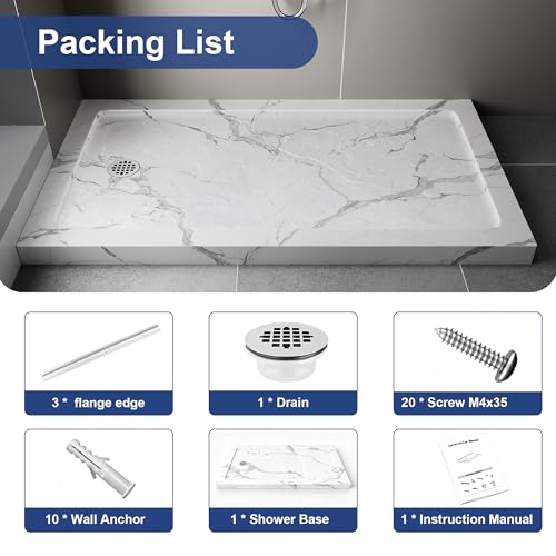 Image of KPUY 60'' X 34'' Shower Base Pan with Reversible Install, Carrara White