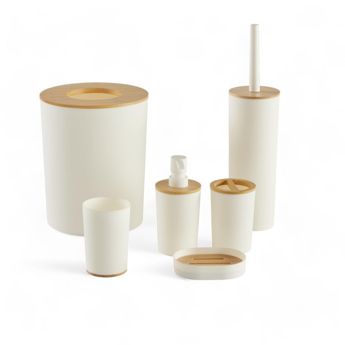 Set de salle de bain complet blanc 6 pièces avec poubelle et distributeur de savon