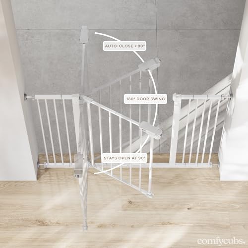 Comfy Cubs Baby Safety Gate with 3 Extensions - Adjustable 42\" x 1.9\" x 30\" Q195 Steel Doorway Barrier - Powder-Coated Finish for Stairs and Doorways - Walk-Through Design Pet Gate - White