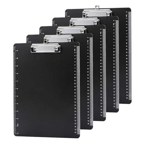 Srvnpioy Klemmbrett DIN A4, Schwarz, 5 Stück, aus Kunststoff, mit ausziehbarer Aufhängeöse, für Schule, Büro, Krankenhaus, Restaurant, Lager