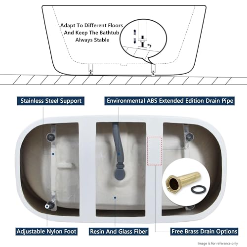 FerdY Bali 59" Acrylic Freestanding Bathtub, Gracefully Shaped Freestanding Soaking Bathtub with Brushed Nickel Drain & Minimalist Linear Design Overflow, Glossy White, cUPC Certified
