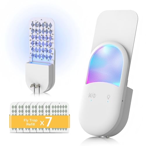 Fruit Fly Trap for Indoors Plug-in, Gnat Trap Indoor Insect Trap with 7 Refill Cartridges, UVA Light Bug Catcher with Dual Modes, 8-Color RGB Night Light Sensor for Kitchen Bathroom Home