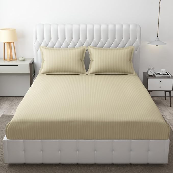 Image of DECOR2ADMIRE 300 TC Premium Glace Cotton All Round Elastic Fitted Plain Stripe Pastel Shades Queen Size Bedsheet with 2 Pillow Covers (Beige, Super King 108 inch x 108 inch)