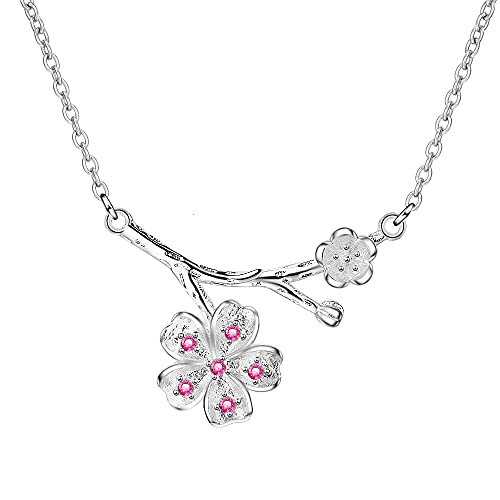 Collier fleur de cerisier argent 925 anti-allergie avec pendentif cristal