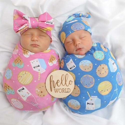 Image of Little Sleepies Swaddle & Hat Set, Baby Swaddles Newborns, Soft Viscose from Bamboo Swaddle Blanket Wrap (Blue Cookies & Milk)