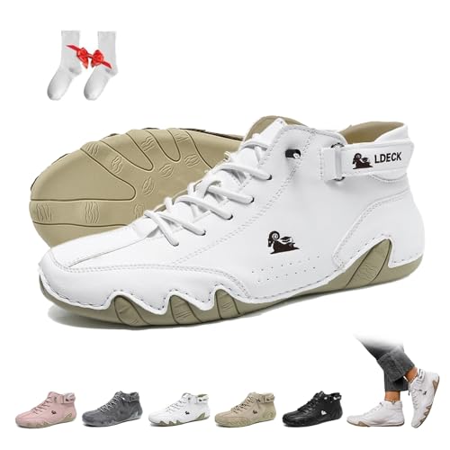 Overhil1s Women Italian Handmade Soft Suede High Boots Outdoor Waterproof Lightweight Ultra-Comfort Beck Shoes Non-Slip Minimalist Casual Sneakers Hiking Barefoot Boots(White,36 EU)