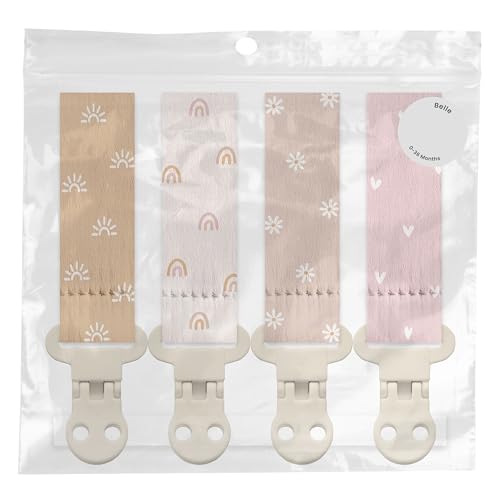 Image of Stadela Baby Pacifier Clip Holder - Girl 4 Pack Gift Set - Boho Rainbow Suns Hearts Daisies Design (Belle)