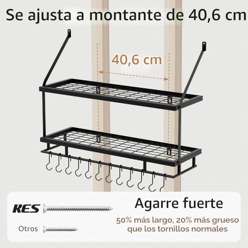 Miniatura 5 de Kes Estante De Cocina Para Colgar 75cm Soporte Para Ollas Y Sartenes 2 Niveles Con 12 Ganchos Almacenaje Organizador Negro, Kur215s75-Bk
