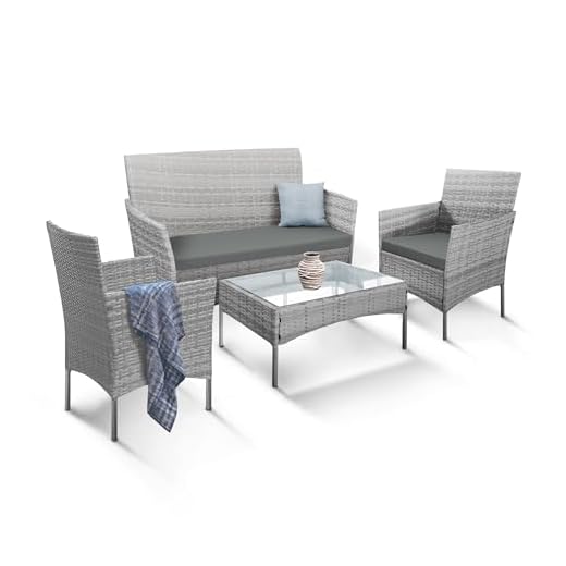 KEPLIN 4pc Rattan Garden Furniture Set – Outdoor Lounger Sofa, Chairs and Table Bistro Set for Lawn, Patio, Inside Conservatory – Easy to Store, Stackable, Ideal for Dining in the Sun (Grey)