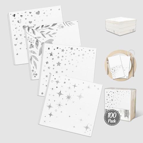 Decorably 3-Ply 100 Pack Disposable Foiled White and Silver Cocktail Napkins - 5x5in 4 Designs Folded Square for Beverage Appetizers Dinner Tea & Garden Party Wedding & Baby Shower Birthday