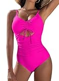 Pink Queen Modest One Piece Swimsuit Women Tummy Control High Cut Bathing Suit Sexy V Neck Drawstring Monokini Hot Pink Medium