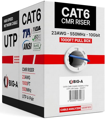 Big-A - Bulk Cat6 Cable 1000ft 23AWG Solid 4 Pair, Cat 6 Ethernet Cable Unshielded Twisted Pair (UTP), (CMR) 550MHz Internet Cable, Pull Box - Blue