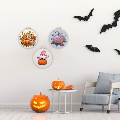 Image of LB Pink Fall Embroidery Kit for Beginners Adults, 3 Sets Hand Embroidery Starter Kit with Gnome Pattern and Instructions Stamped Cross Stitch Kits Include Embroidery Hoop Needles Threads Scissors