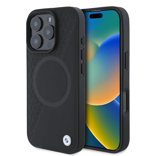 CG Mobile BMW HC Sign – Coque de téléphone conçue pour iPhone 16 Pro Max, Durable, résistante aux Chocs, Compatible avec MagSafe, Coque en Cuir Semi-texturé et Cercle Noir