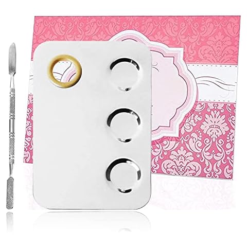 KissDate Makeup Palette 6x4inch Stainless Steel 3-well Nail-art Cosmetic Artist Mixing Palette with Spatula Tool for Mixing Foundation Silver Cover