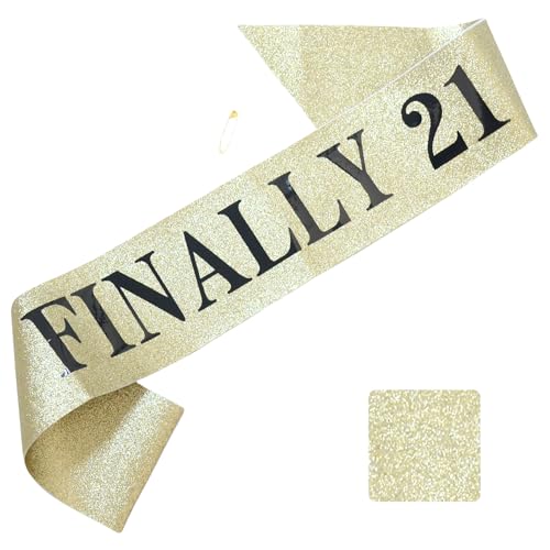 Luwigs Finally 21 Birthday Sash with Glitter Gold Sash with Black Foil 21st Birthday Decoration Sash for Men and Women Bday Party Favors Supplies (Gold)