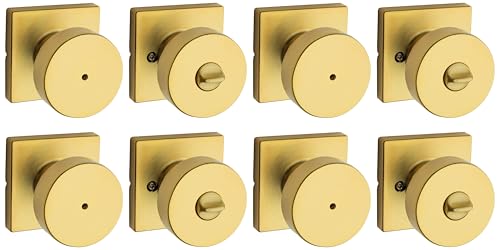 Image of Kwikset Pismo Interior Privacy Door Knob with Lock, Door Handle for Bathroom and Bedroom, Satin Brass, Square, Keyless Turn Lock Doorknob, Microban Protection (Pack of 4)