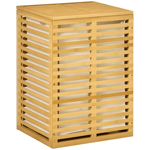 HOMCOM Panier à linge en bambou avec sac en tissu amovible et couvercle - 44 x 37 x 62,5 cm Bois Naturel