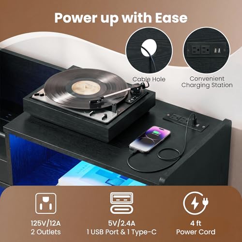 Image of Giantex Large Record Player Stand with LED Light, Mid Century Modern Turntable Stand w /Sliding Door, Charging Station & Plastic Leg, Record Player Table, Vinyl Record Storage for Living Room (Black)
