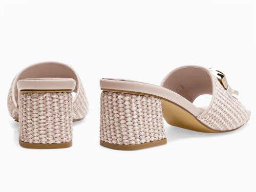 Image of Coutgo Womens Raffia Slide Sandals Chunky Block Heeled Square Open Toe Metal Chain Slip on Mules Dressy Shoes