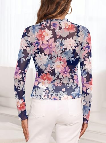 YVH Womens Sheer Mesh Tops Long Sleeve Floral Blouse Stretchy See-Through Shirt for Daily Layering, Casual, Concert & Party, Floral Printed Color-Blended Flowers L — view 5