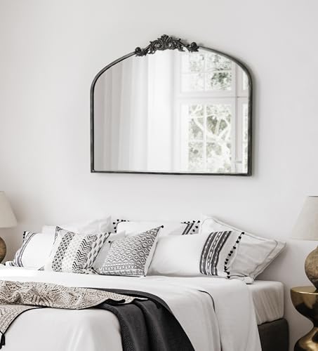 Image of Kate and Laurel Arendahl Ornate Traditional Arched Mirror; 36 x 29; Black; Decorative Baroque Style Arched Wall Mirror with Wide Frame and Ornamental Crown