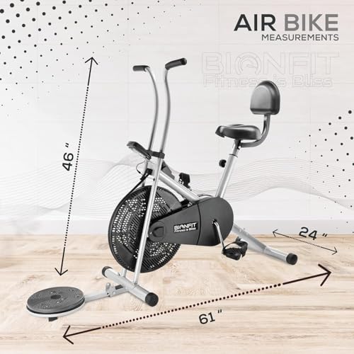 Image of BIONFIT Gym Cycle for Home Gym Fitness | Fixed Handle Air Bike for Cardio Exercise with Back Support Seat & Twister, Max Weight: 120 Kg