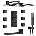 KATAIS Thermostatic Shower System Matte Black Shower Fixtures 12 Inch Wall Mounted Full Body Shower System with Tub Spout, 4 Way Shower Faucet with 6 PCS Body Jets, Handheld Shower
