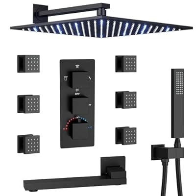 KATAIS Thermostatic Shower System Matte Black Shower Fixtures 12 Inch Wall Mounted Full Body Shower System with Tub Spout, 4 Way Shower Faucet with 6 PCS Body Jets, Handheld Shower