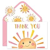 Whaline 24 Pack Sunshine Thank You Cards Pink Orange Cartoon Sun Note Card with Envelopes Stickers Cute Greeting Blank Card for Birthday Baby Shower